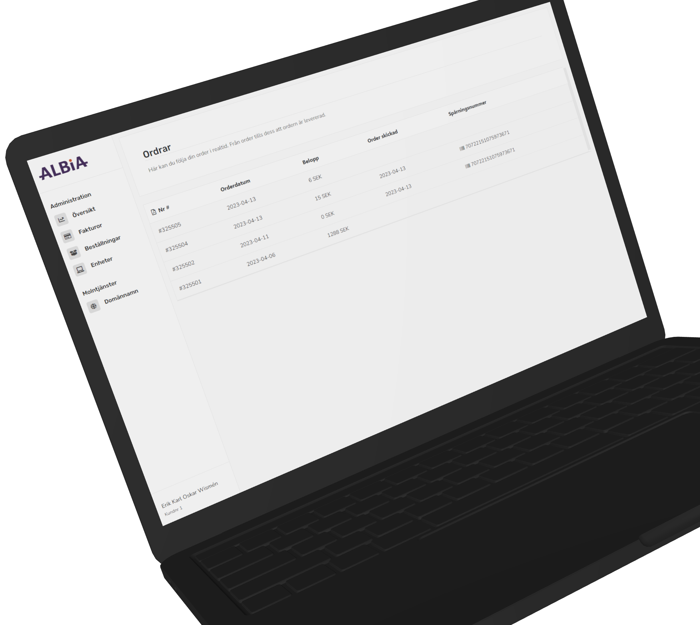 Screenshot av Albias kundportal då den visas på en bärbar dator